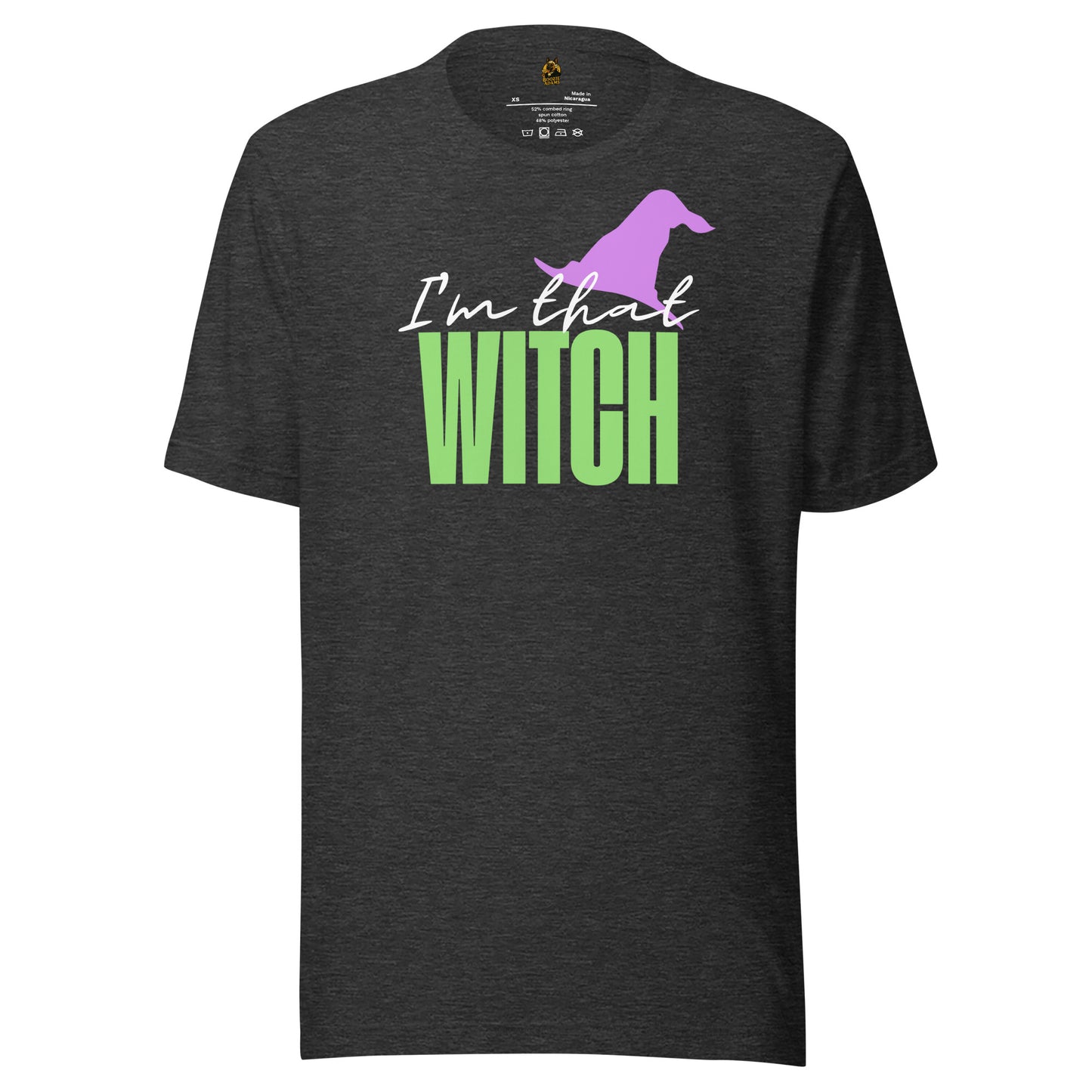Dark grey unisex t-shirt with 'I'm that WITCH' text and purple witch hat graphic – Boozie Adams