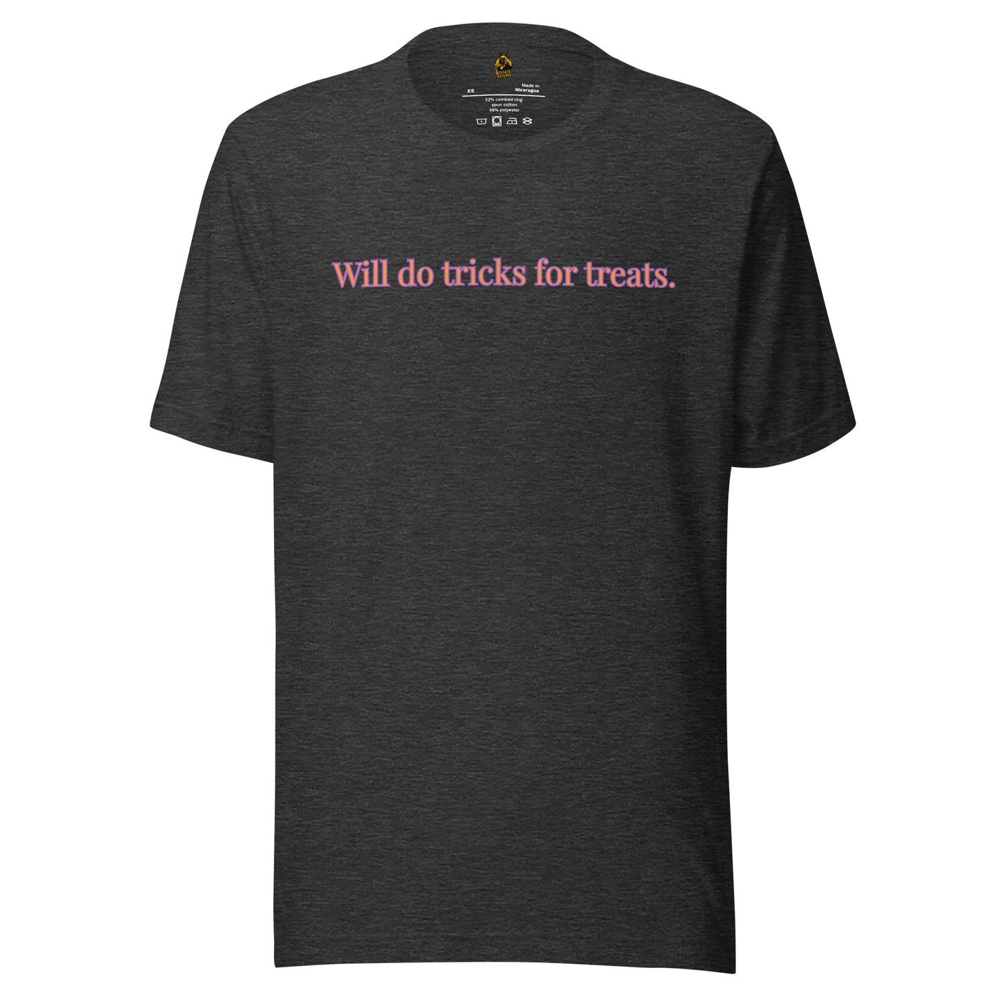 Dark Grey unisex t-shirt with orange and purple text 'Will do tricks for treats' – Boozie Adams