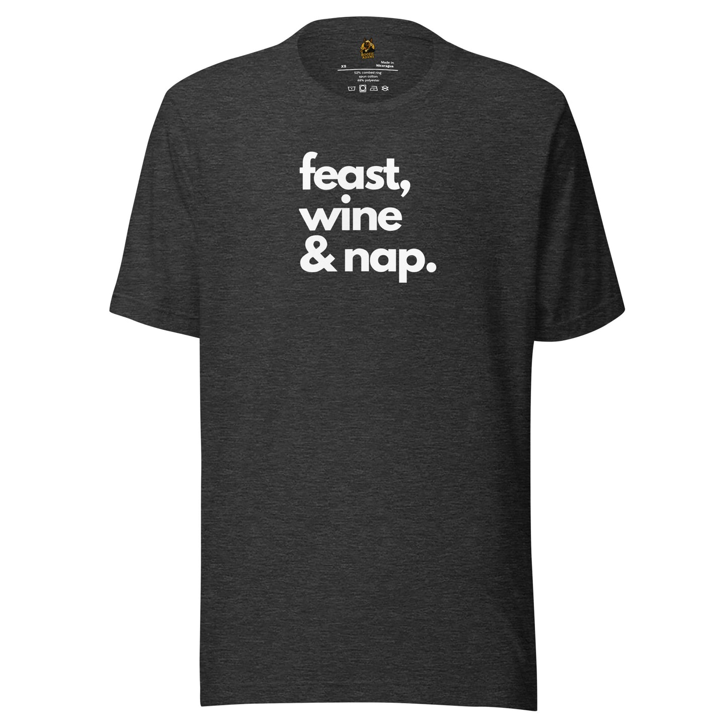 Dark heather grey unisex t-shirt with 'feast, wine & nap.' white text – Boozie Adams