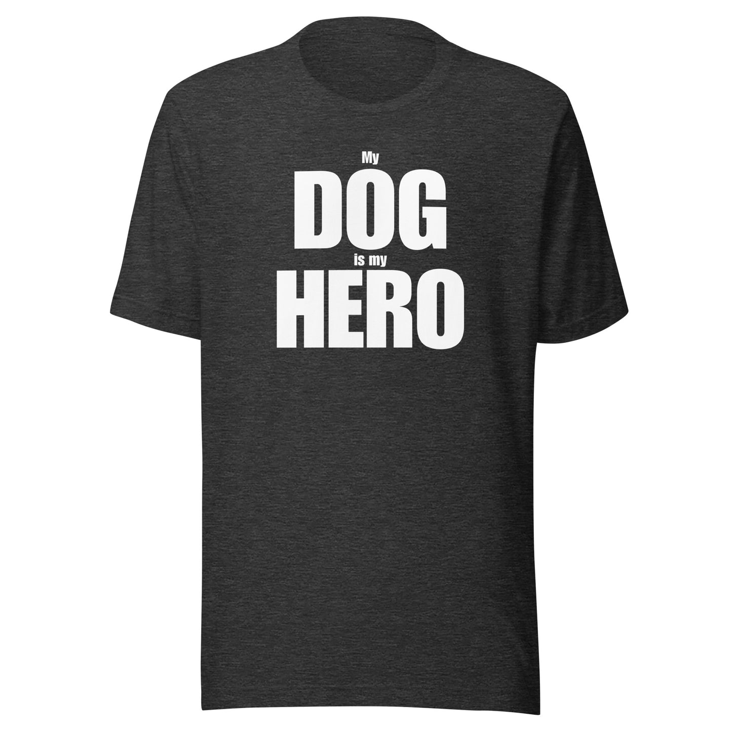 Dark heather grey unisex t-shirt with 'My Dog is my Hero' text – Boozie Adams