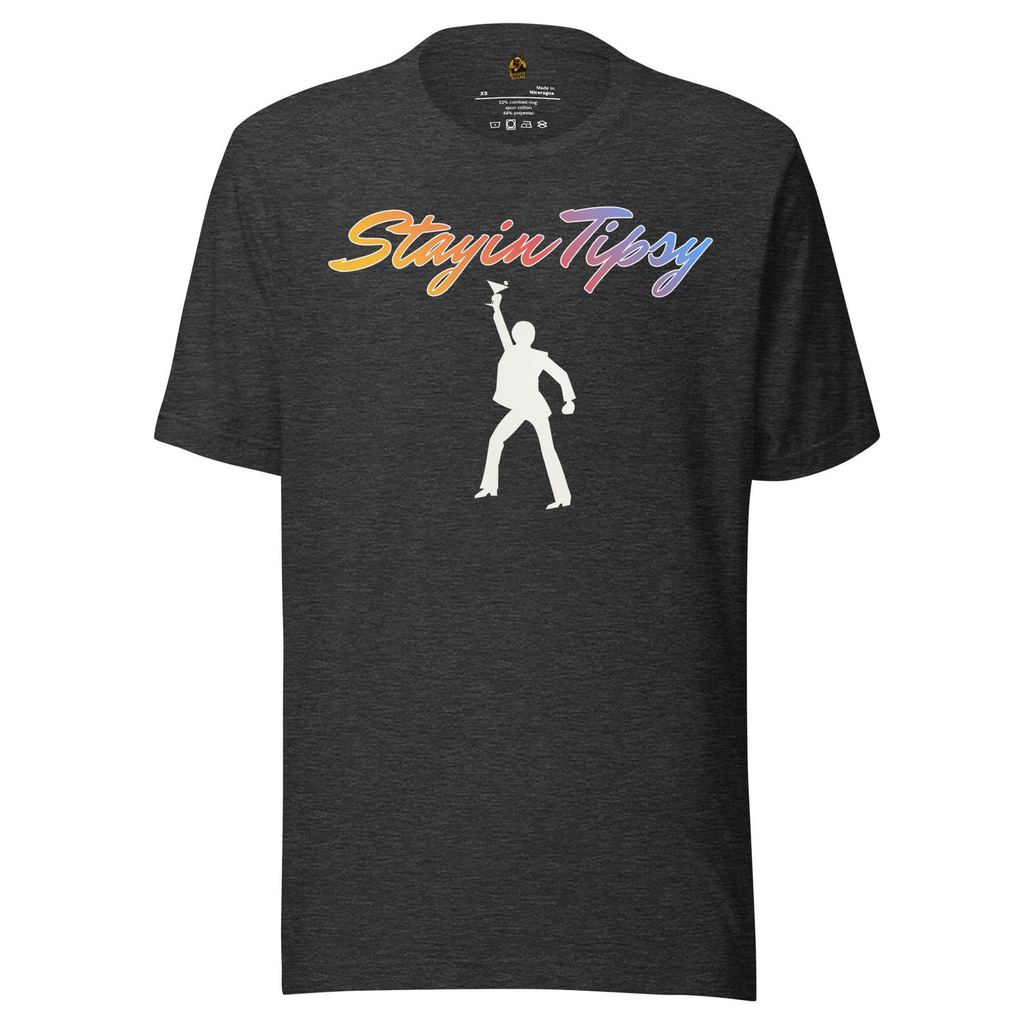 Dark heather grey unisex t-shirt with 'Stayin Tippsy' text and silhouette design – Boozie Adams