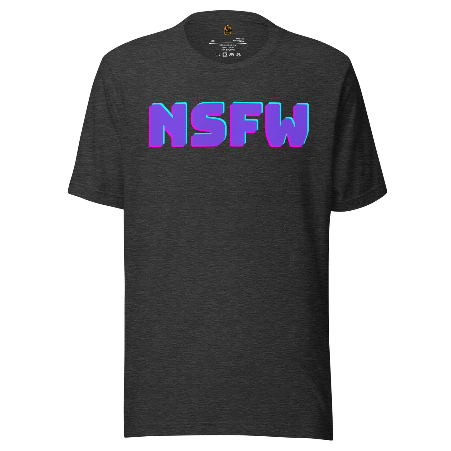 Dark heather grey unisex t-shirt with 'NSFW' in colorful letters – Boozie Adams