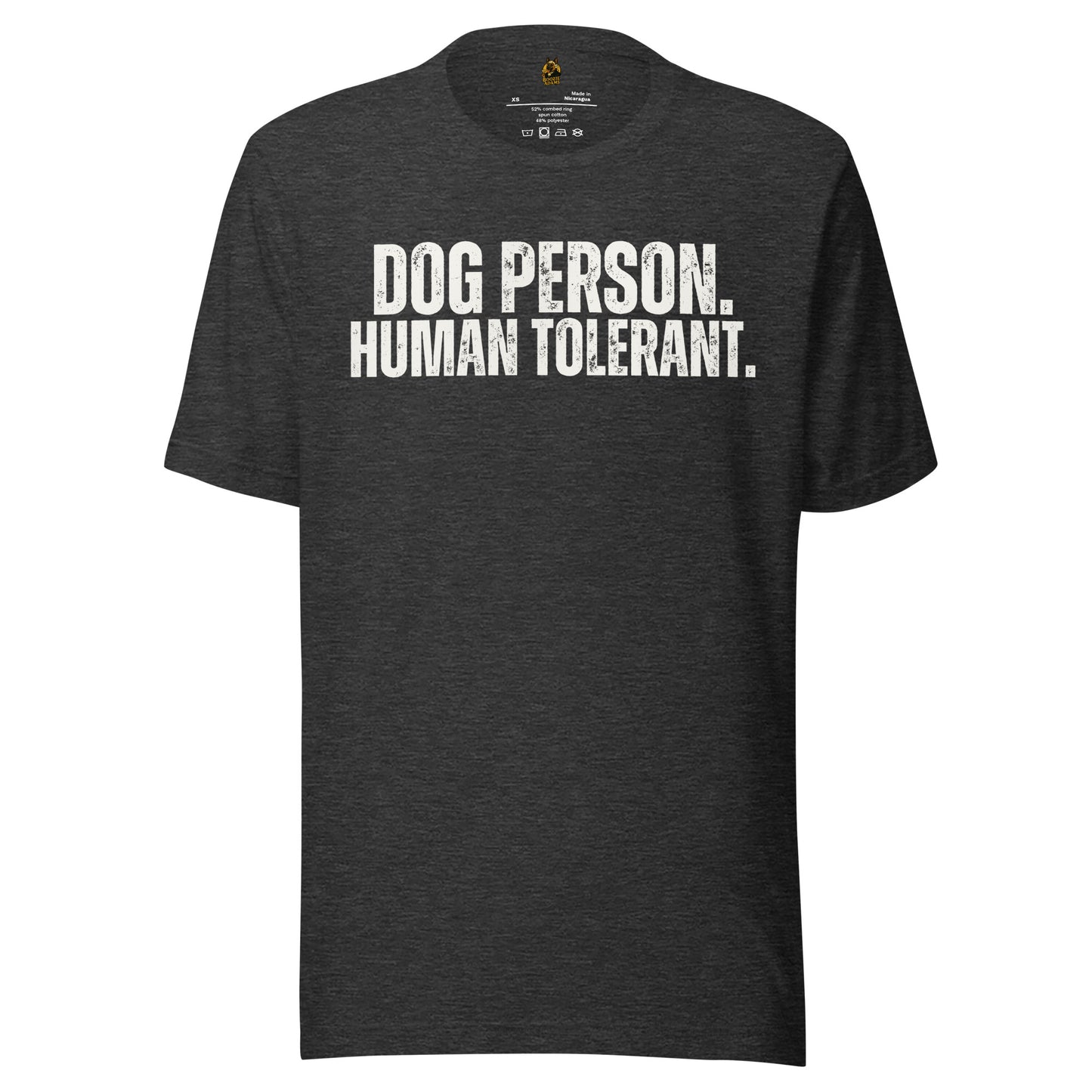 Dark heather grey unisex t-shirt with 'Dog Person. Human Tolerant.' text – Boozie Adams