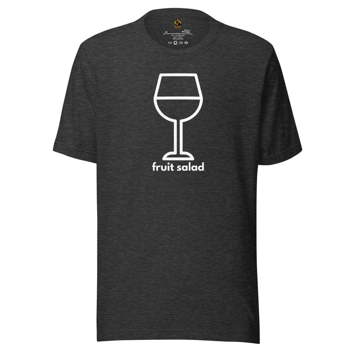 Dark heather grey unisex t-shirt with a white wine glass graphic and 'fruit salad' text – Boozie Adams