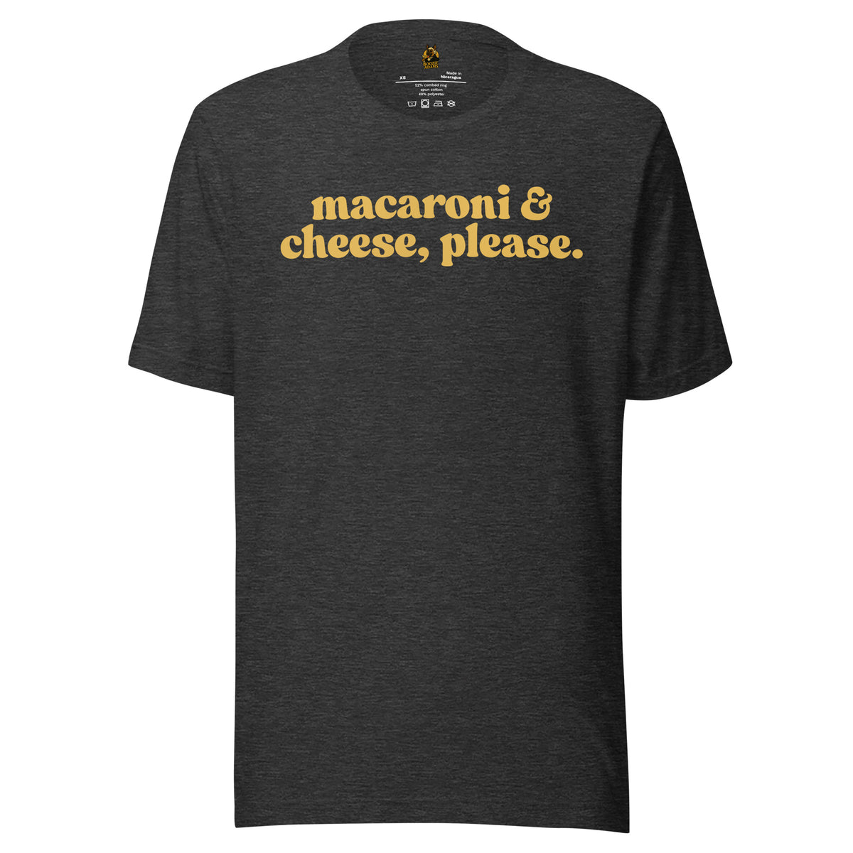 Dark heather grey unisex t-shirt with 'macaroni & cheese, please.' text in yellow – Boozie Adams