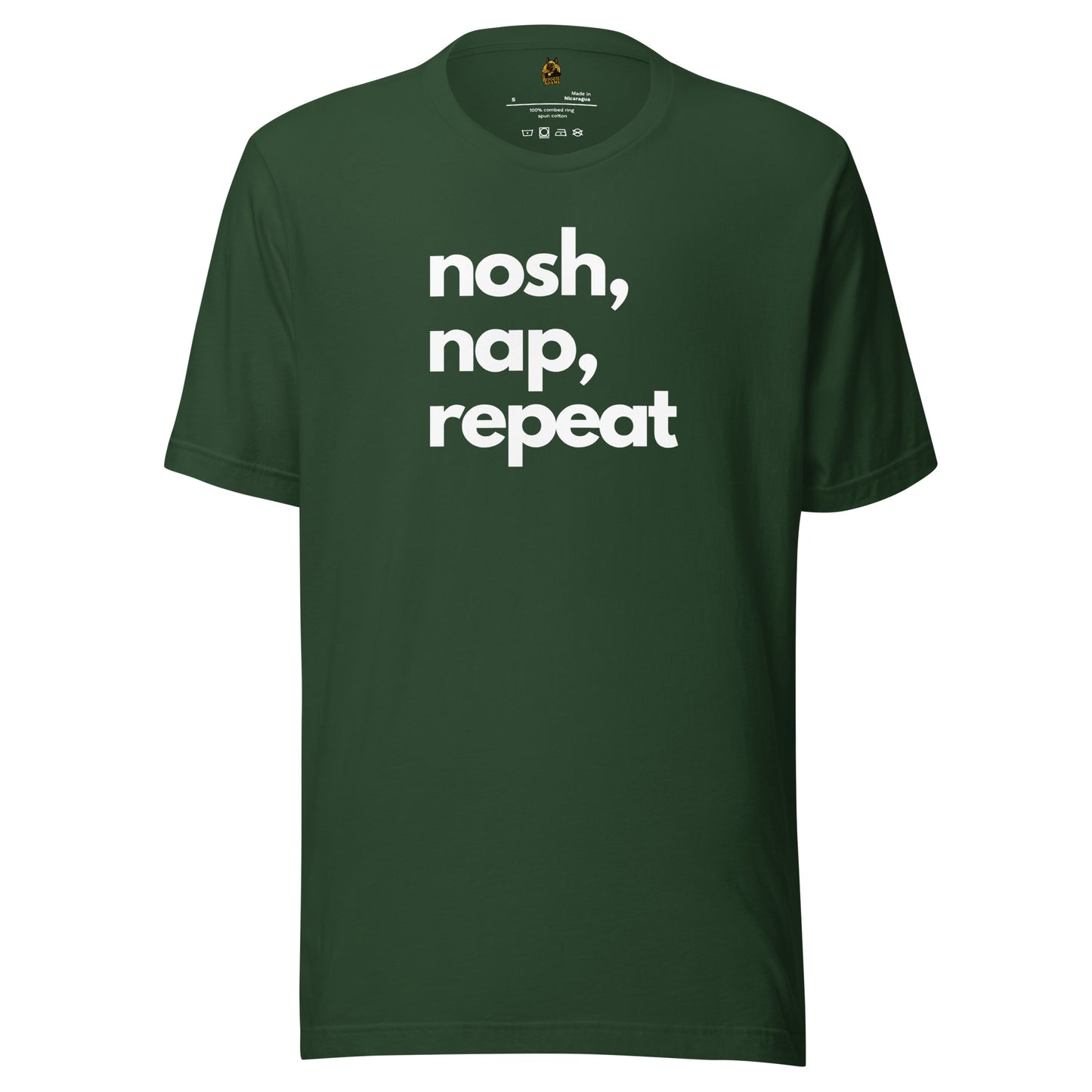 Forest green unisex t-shirt with 'nosh, nap, repeat' text in white – Boozie Adams