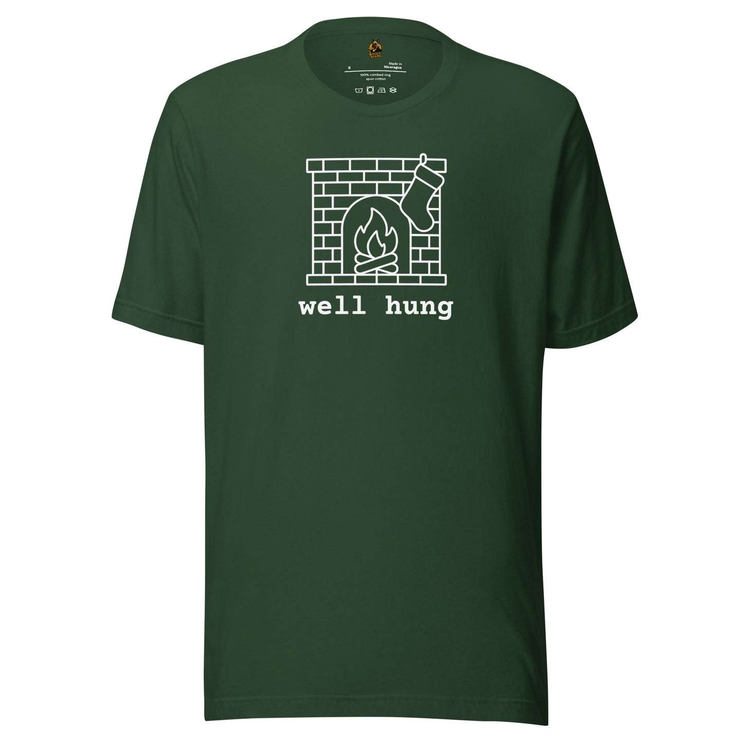 Green t-shirt with a graphic of a fireplace with a stocking and 'well hung' text – Boozie Adams
