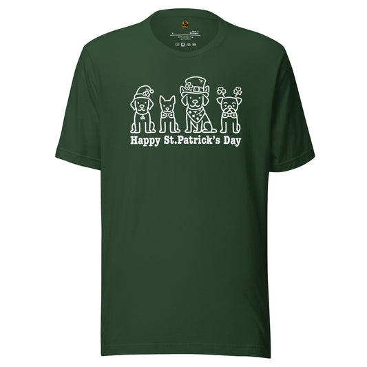 Forest green unisex t-shirt with white graphic of four dogs and 'Happy St. Patrick's Day' text – Boozie Adams