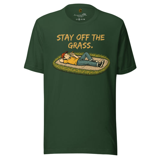Green unisex t-shirt with graphic of person lying on sidewalk smoking a joint and text 'Stay off the grass' – Boozie Adams