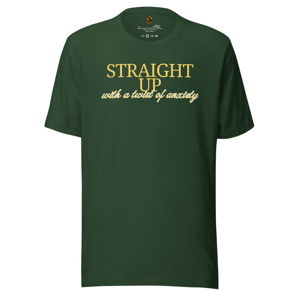 Green unisex t-shirt with 'Straight up with a twist of anxiety' text – Boozie Adams