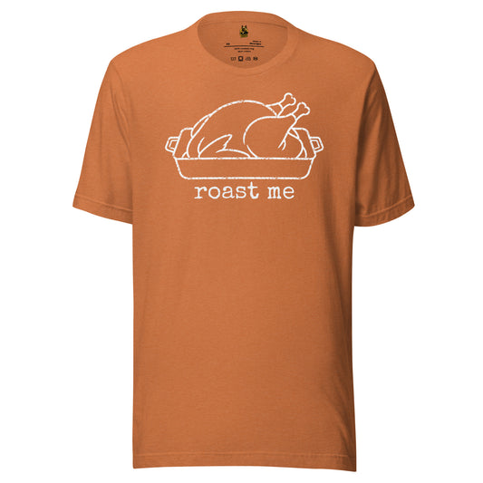 Orange t-shirt with graphic of turkey in roasting pan and 'roast me' text – Boozie Adams