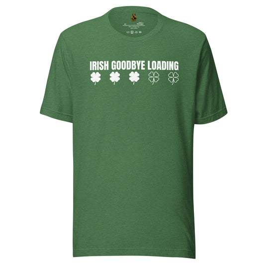 Heather green unisex t-shirt with 'Irish Goodbye Loading' text and shamrock graphics – Boozie Adams