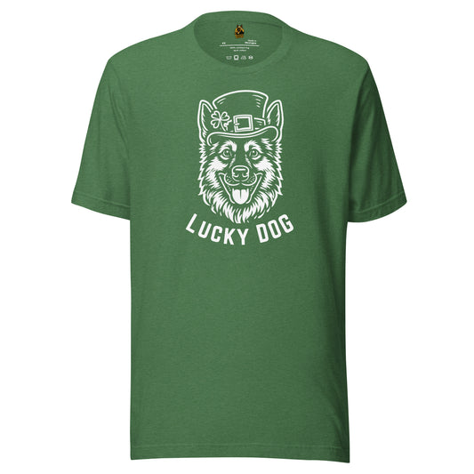 Heather green unisex t-shirt with a graphic of a dog wearing a leprechaun hat and the text 'Lucky Dog' – Boozie Adams