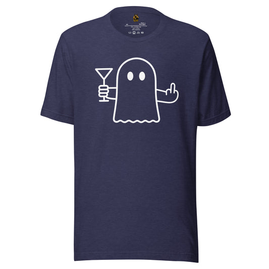 Navy blue unisex t-shirt with a white ghost holding a martini glass and flipping the bird – Boozie Adams