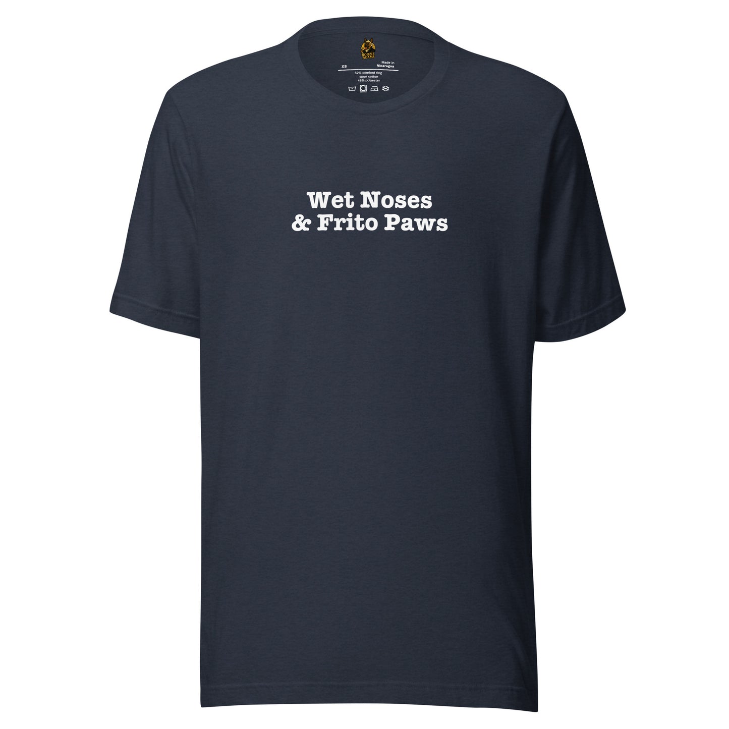 Heather navy blue unisex t-shirt with 'Wet Noses & Frito Paws text – Boozie Adams