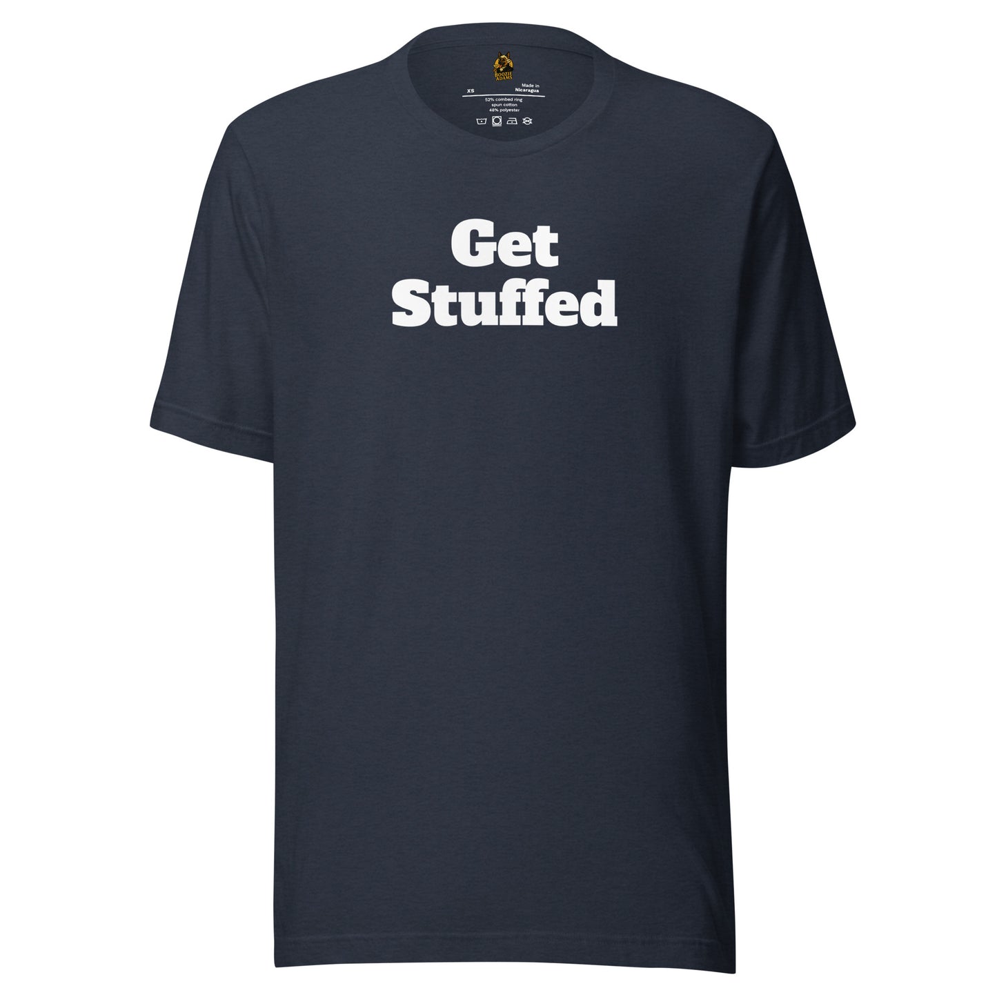 Blue unisex tee with white 'Get Stuffed' text – Boozie Adams