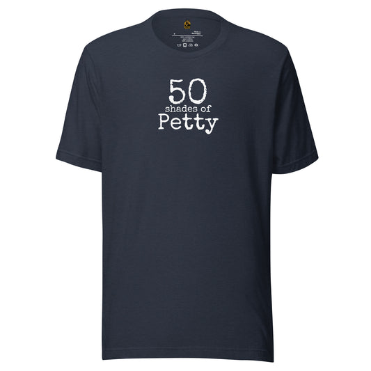 Heather navy t-shirt with '50 shades of Petty' text in white – Boozie Adams