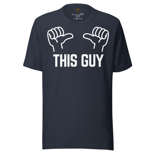 Navy unisex t-shirt with white thumb graphic and text 'THIS GUY' – Boozie Adams