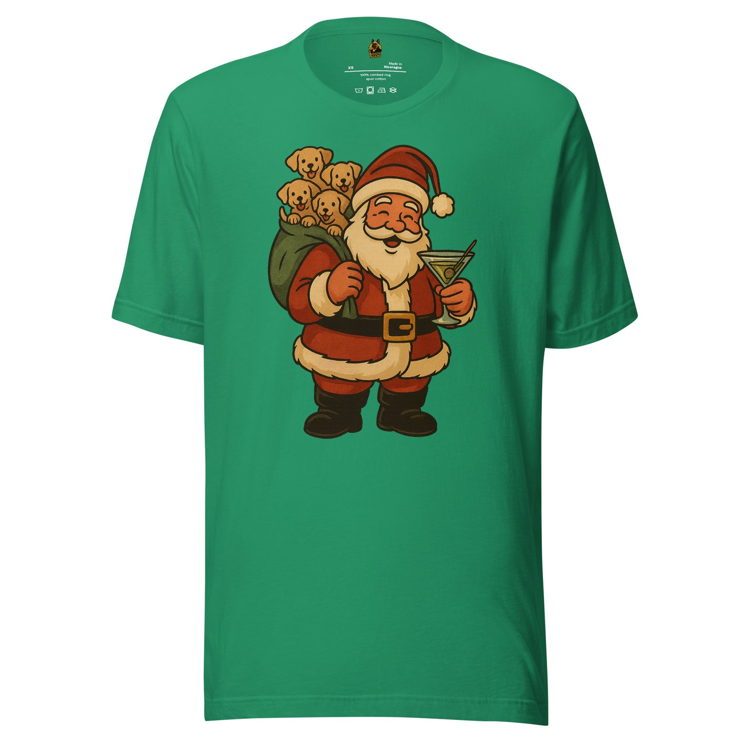 Kelly green unisex t-shirt with a graphic of Santa Claus holding a martini and a bag of puppies – Boozie Adams