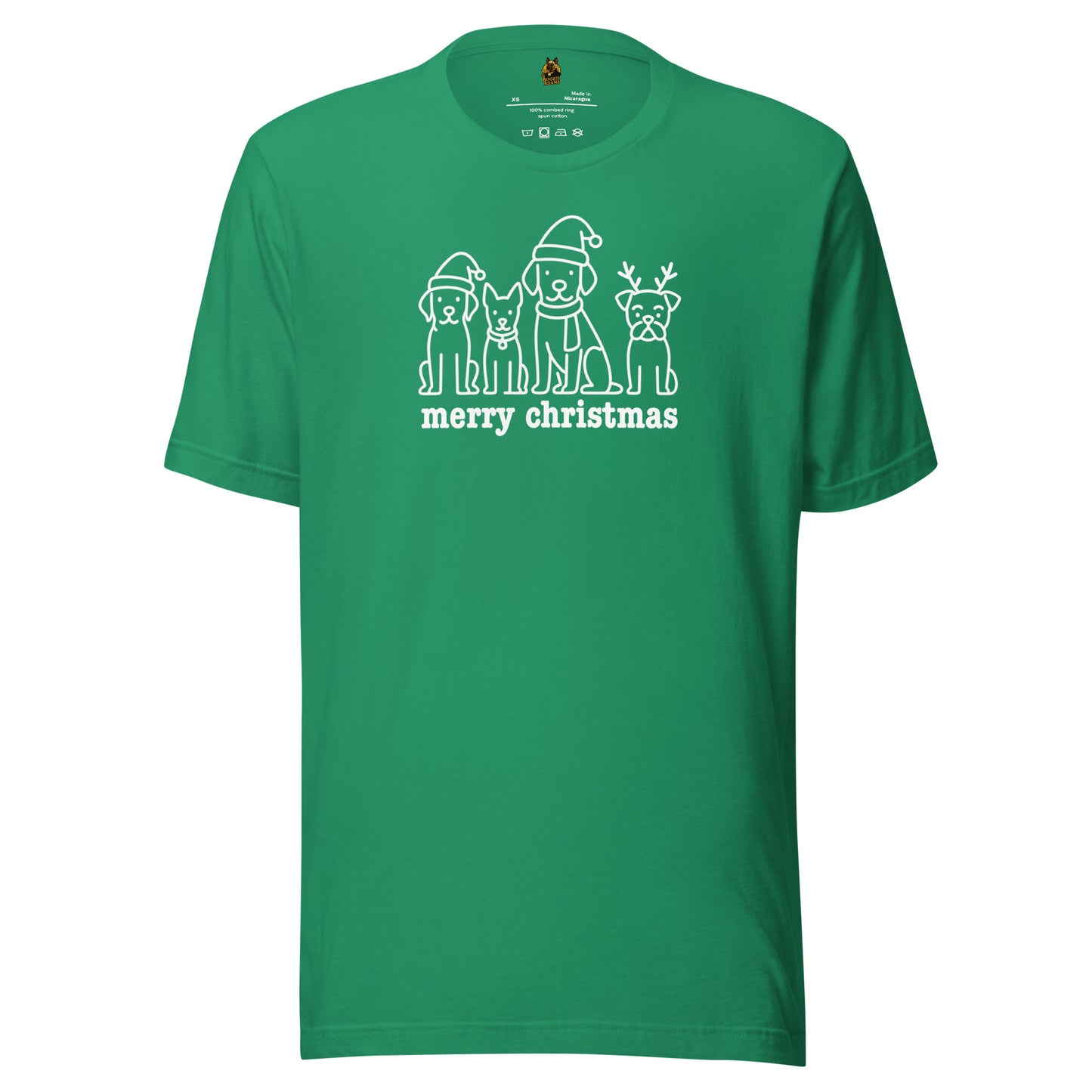 Kelly green unisex t-shirt with white graphic of dogs in santa hats with 'merry christmas' text – Boozie Adams
