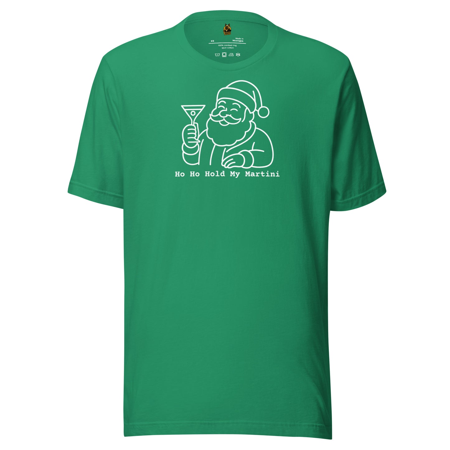 Kelly green unisex t-shirt with a graphic of Santa Claus holding a martini glass and text 'Ho Ho Hold My Martini' in white – Boozie Adams