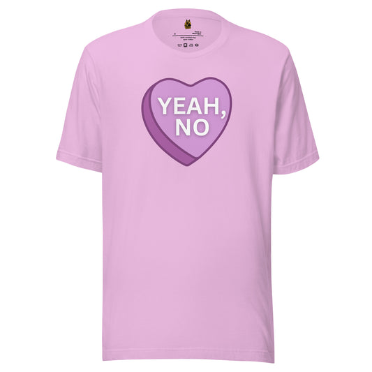 Lilac unisex t-shirt with a purple heart-shaped logo and 'YEAH, NO' text – Boozie Adams