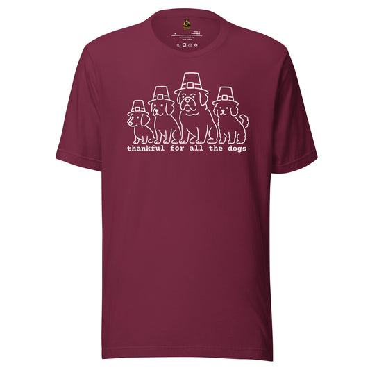 Maroon unisex graphic t-shirt with graphic of dogs in pilgrim hats and text 'thankful for all the dogs' – Boozie Adams
