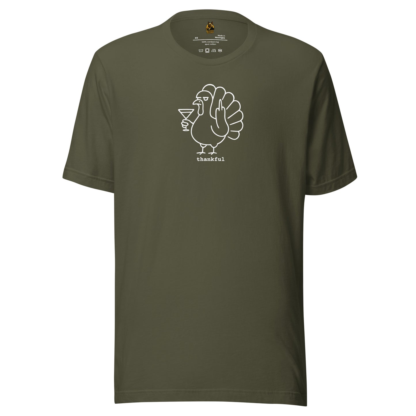 Green unisex t-shirt with a white turkey graphic holding a martini and flipping the bird with 'thankful' text – Boozie Adams