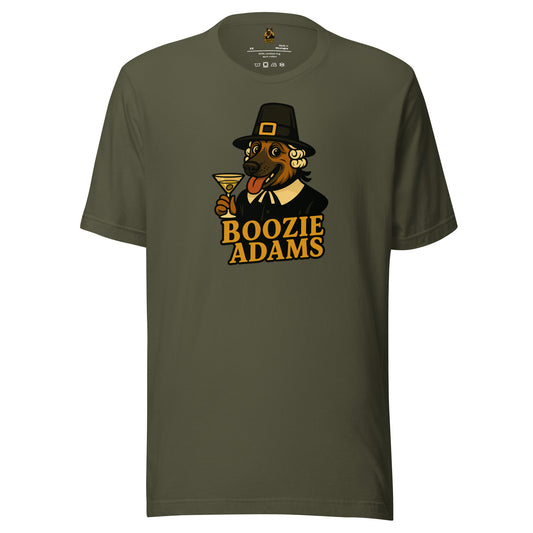 Olive unisex t-shirt with a graphic of a dog in a pilgrim outfit holding a martini glass and the text 'Boozie Adams' – Boozie Adams