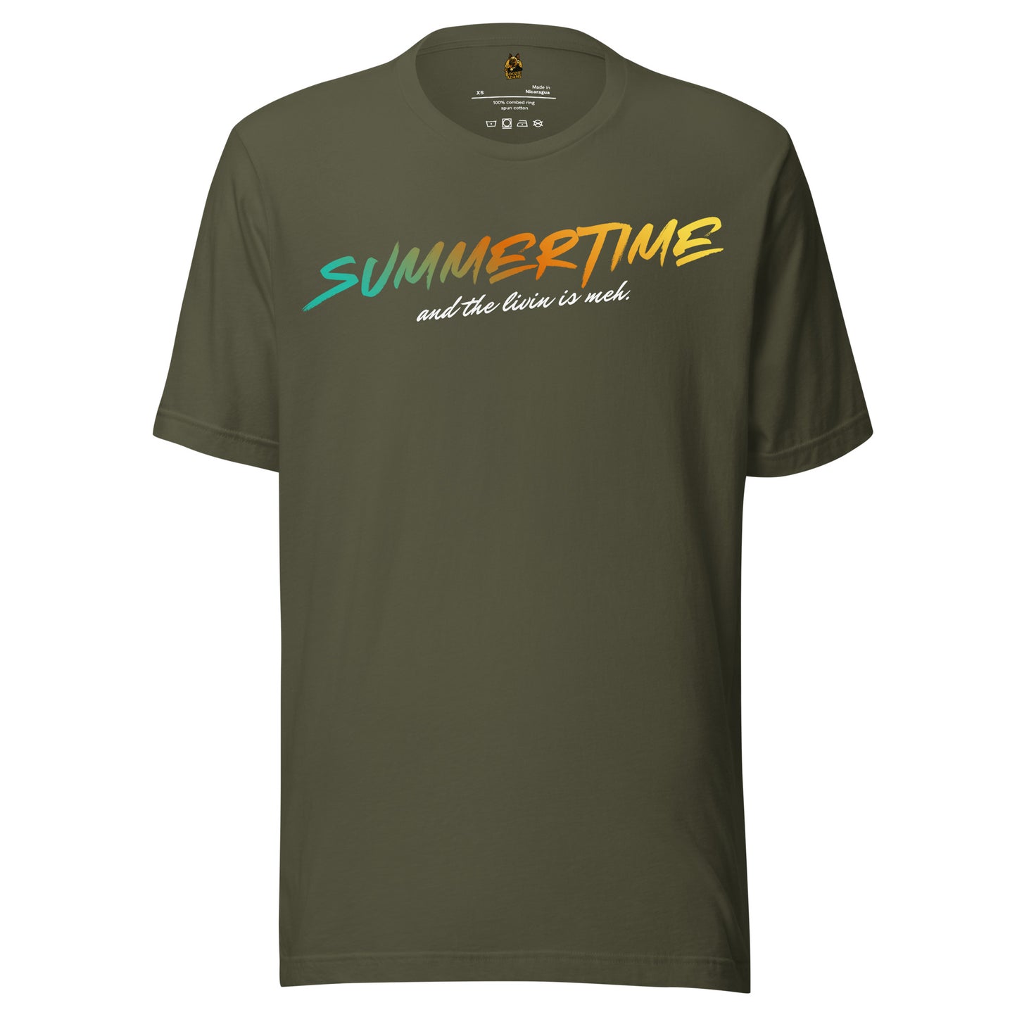 Green unisex t-shirt with colorful 'Summertime and the livin is meh.' text – Boozie Adams