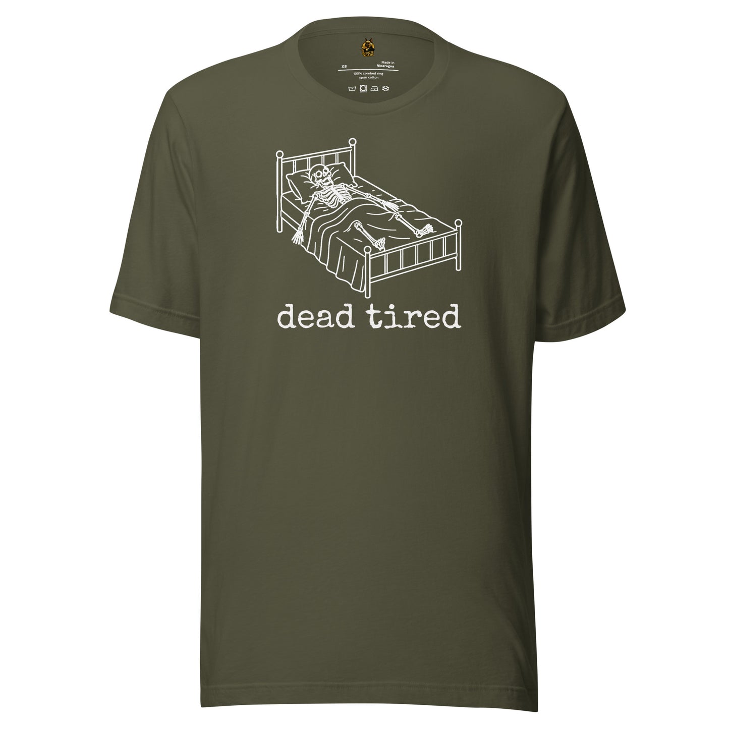 Green unisex t-shirt with graphic of skeleton in bed and text 'dead tired' – Boozie Adams