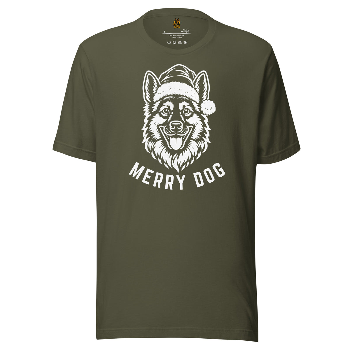 Military green unisex t-shirt with image of dog wearing santa hat and text 'Merry dog' – Boozie Adams