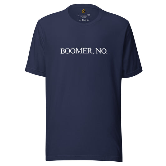 Navy blue unisex t-shirt with 'BOOMER, NO.' text – Boozie Adams