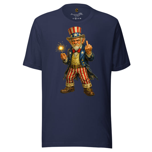 Navy unisex t-shirt with Uncle Sam graphic holding a sparkler and flipping the bird – Boozie Adams