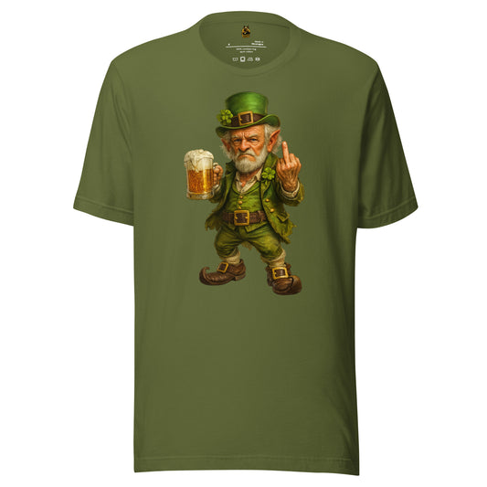Olive Green unisex t-shirt with a graphic of a leprechaun holding a beer mug and giving a middle finger – Boozie Adams