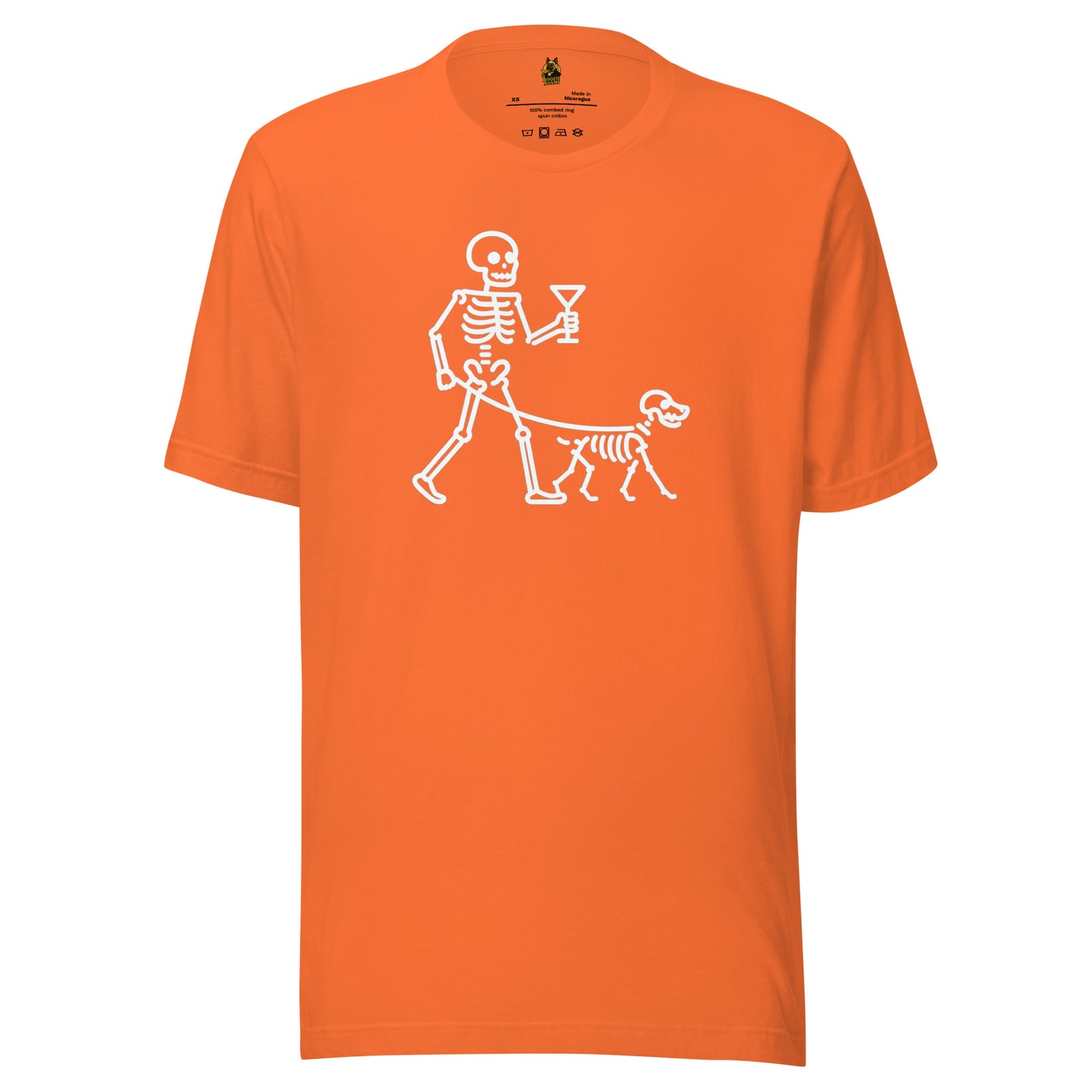 Orange unisex t-shirt with a skeleton holding a martini and walking a dog graphic – Boozie Adams