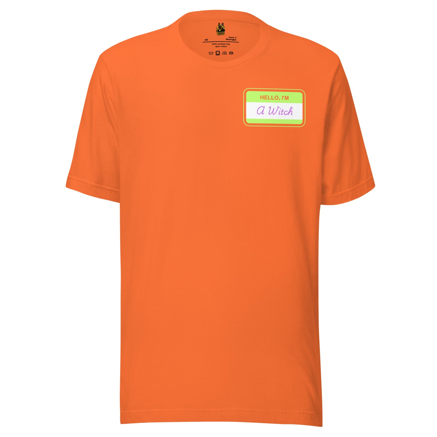Orange unisex t-shirt with a green name tag graphic with text 'Hello I'm A Witch' – Boozie Adams