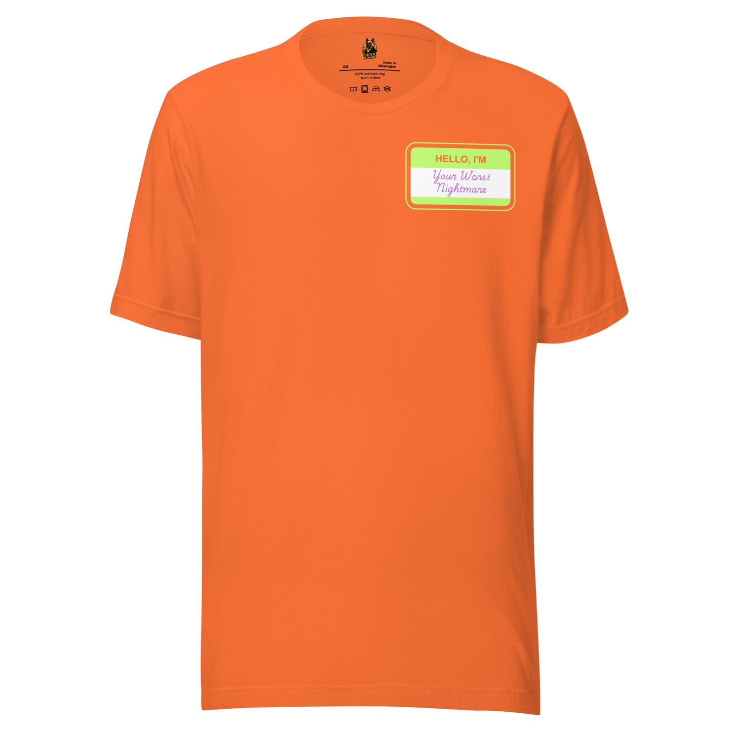 Orange unisex blue t-shirt with a green name tag graphic 'Hellow I'm Your Worst Nightmare' text – Boozie Adams