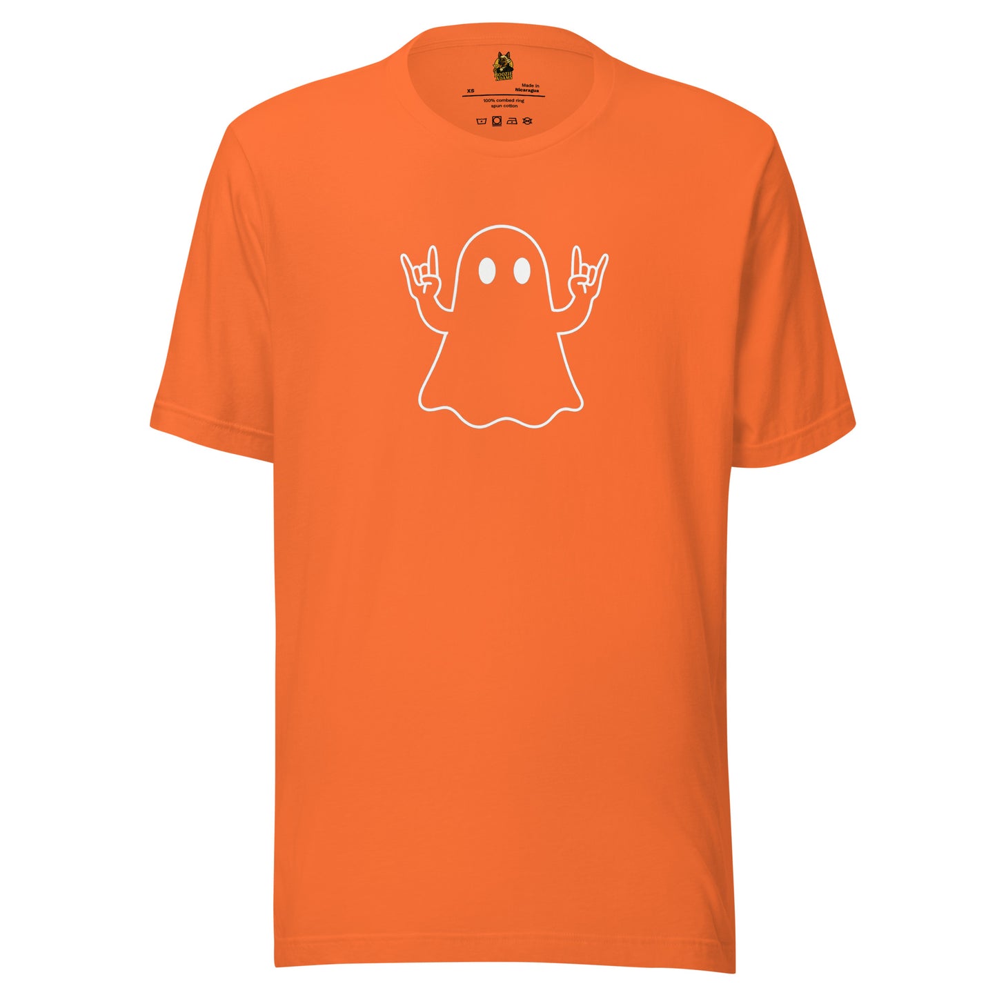 Orange unisex t-shirt with a white ghost hold up the rock sign with hands graphic design – Boozie Adams