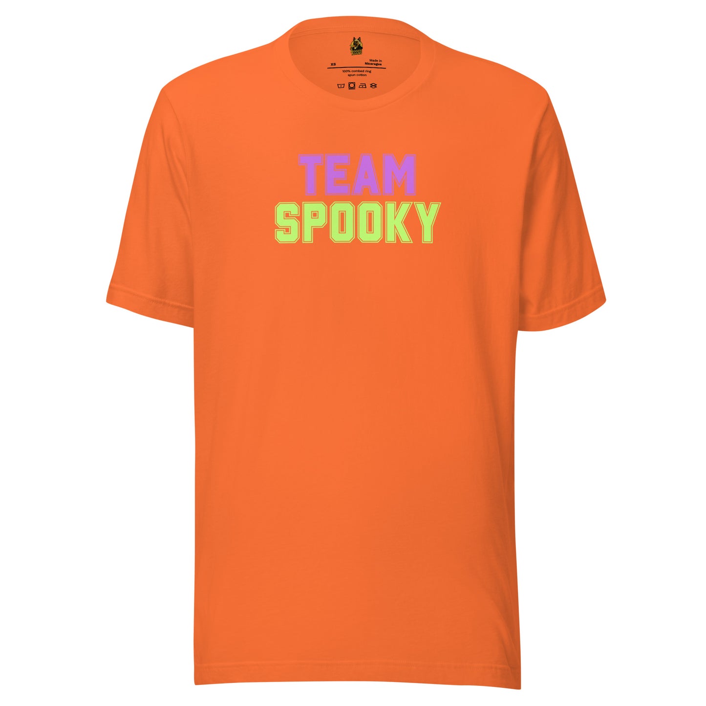 Orange unisex t-shirt with 'TEAM SPOOKY' text in lavender and green – Boozie Adams