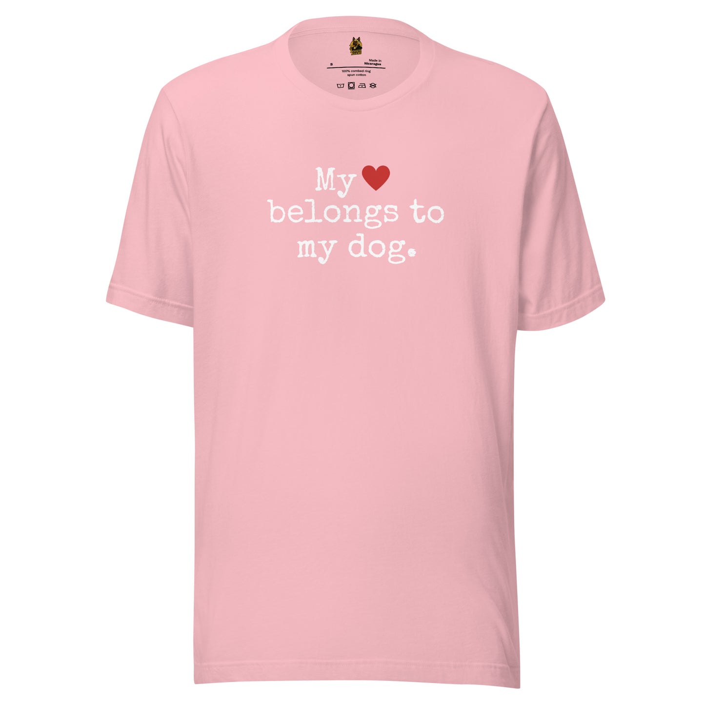 Pink t-shirt with text 'My heart belongs to my dog' – Boozie Adams