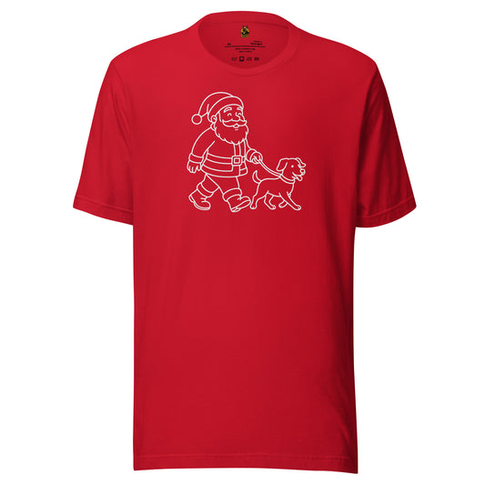 Red unisex t-shirt with a white graphic of Santa Claus walking a dog – Boozie Adams