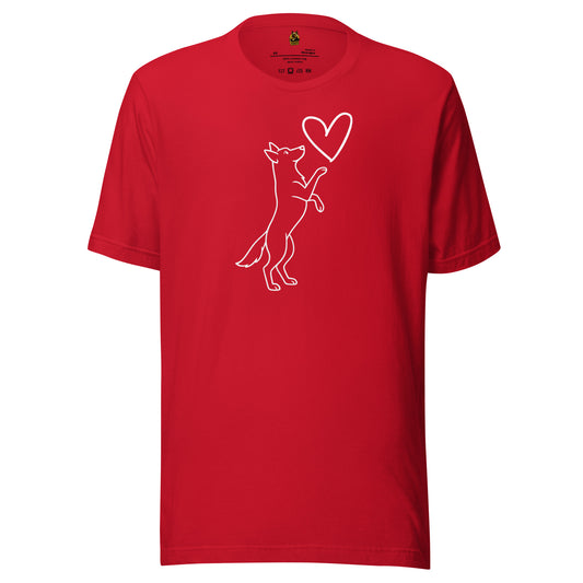 Red unisex t-shirt with a white dog and heart design – Boozie Adams