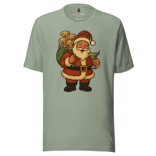 Sage unisex t-shirt with a graphic of Santa Claus holding a martini and a bag of puppies – Boozie Adams