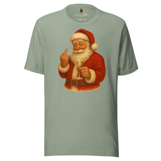 Sage unisex t-shirt with a graphic of a Santa Claus holding a martini glass and flipping the bird – Boozie Adams