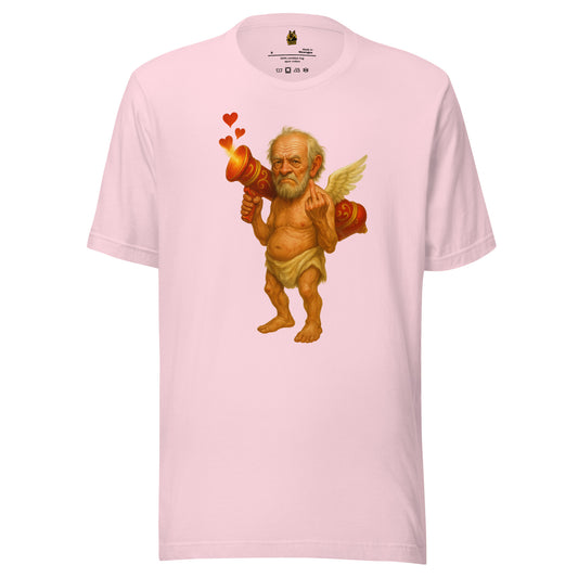Pink unisex t-shirt with a graphic of cupid flipping the bird – Boozie Adams