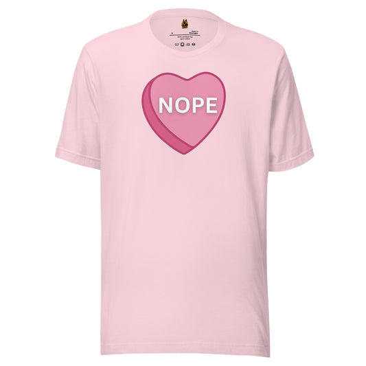 Pink unisex t-shirt with a pink heart and 'NOPE' text – Boozie Adams