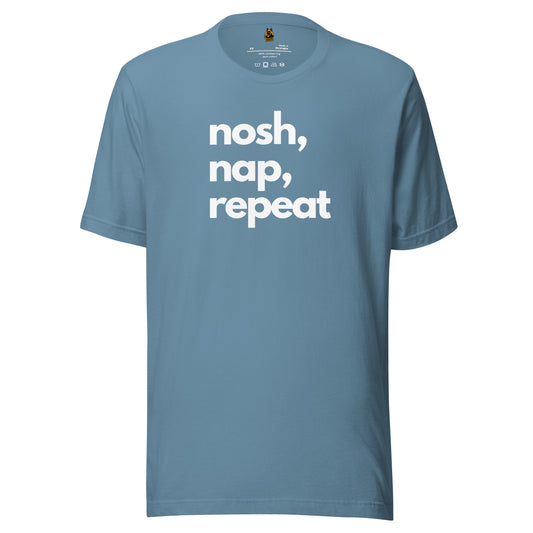 Steel blue unisex t-shirt with 'nosh, nap, repeat' text in white – Boozie Adams