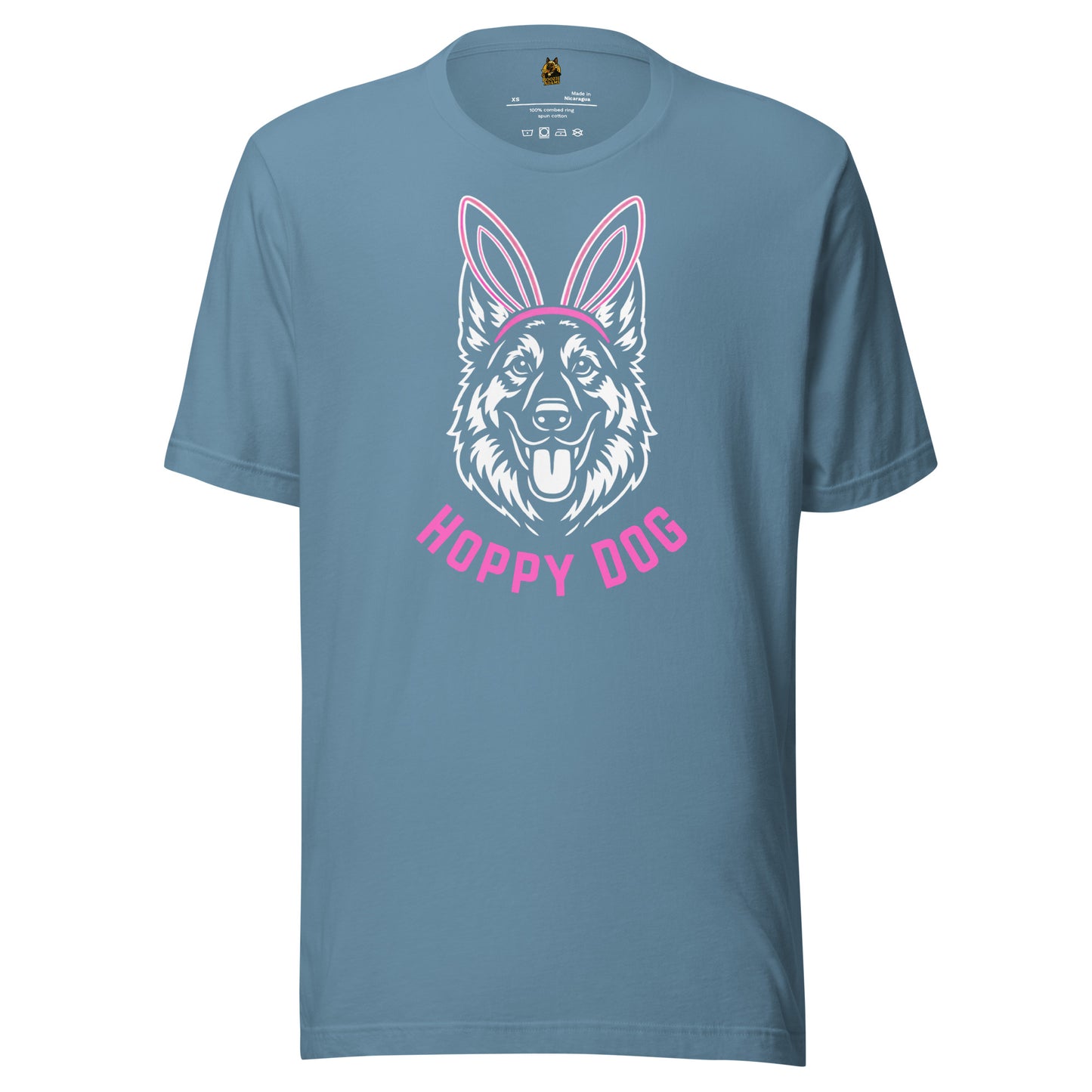 Steel blue unisex t-shirt with a dog graphic and 'Happy Dog' text – Boozie Adams