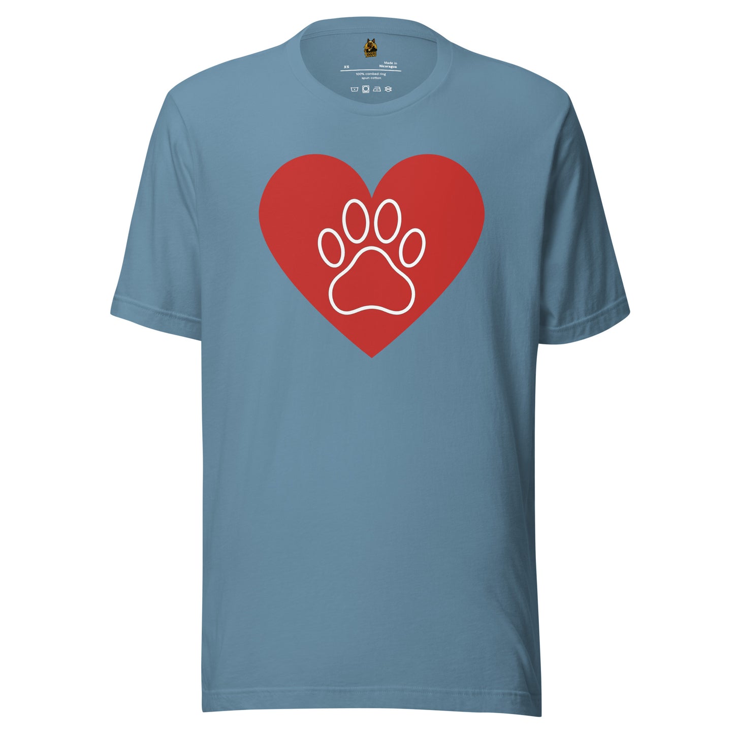 Steel blue unisex t-shirt with a red heart and white paw print design – Boozie Adams